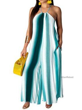 Plus Size Striped Wide Leg Spaghetti Strap Jumpsuit with Pockets